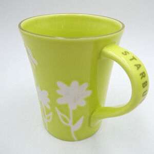 Starbucks Tall Coffee Mug 2007 Lime Green White Floral Ceramic 12oz